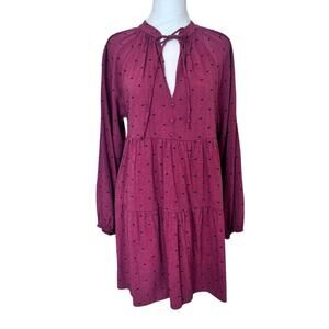 ZARA WOMENS MAROON BLACK SWISS DOT TIERED BALLOON SLEEVE MINI BOHO FLOWY DRESS M